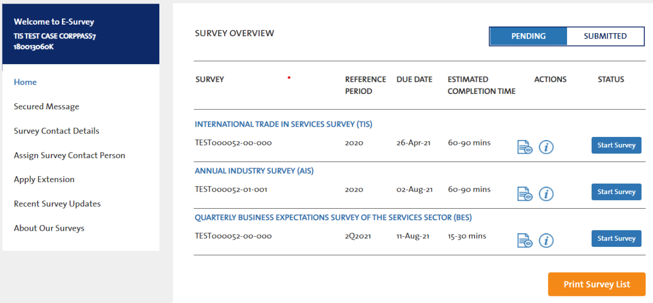 Picture showing list of surveys after login