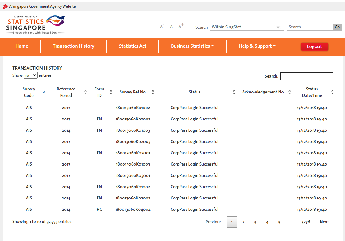 Screen showing the Transaction History after clicking on the link