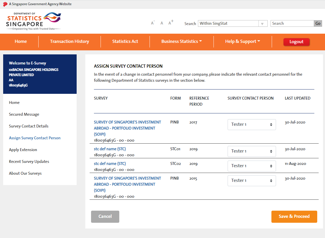 Screen showing where to add survey contact details