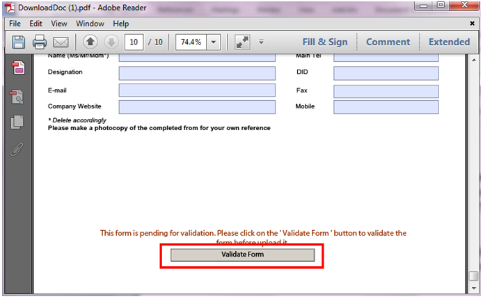 Screen showing how to validate the PDF Form