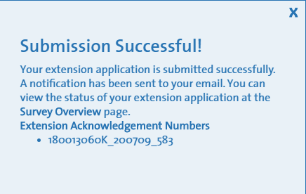 Screen showing acknowledgement number for survey extension